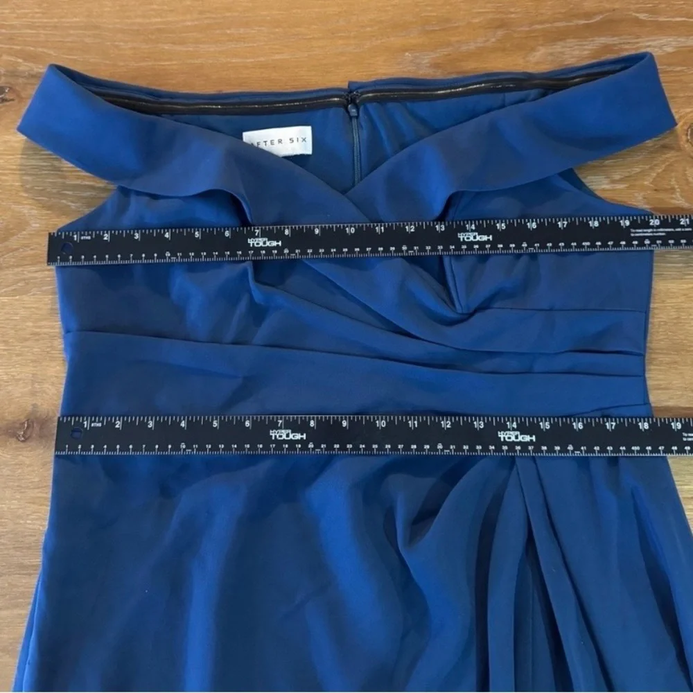 After Six - Deep Teal Atlantic Blue Off the Shoulder Crepe Gown Maxi Dress - Picture 11 of 15